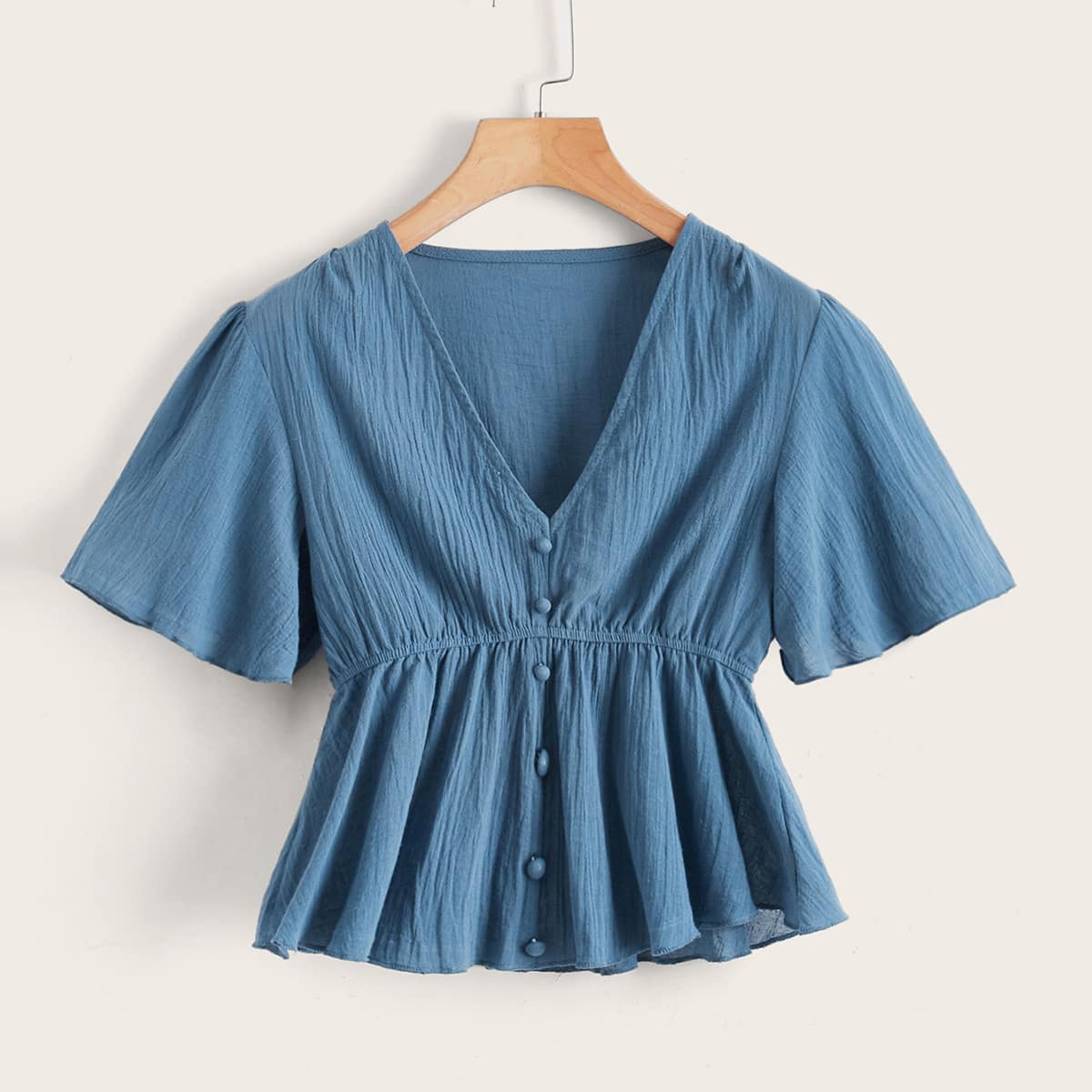 

Solid Ruffle Hem Blouse, Dusty blue