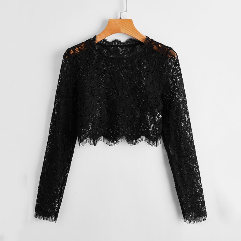 

Eyelet Lace Mesh Crop Top, Black