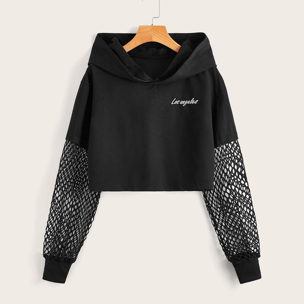 

Letter Graphic Fishnet Sleeve Hooded Sweatshirt, Black