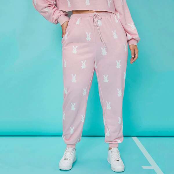 

Plus Rabbit Print Drawstring Waist Sweatpants, Baby pink