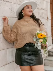 Simplee 大碼落肩袖條紋針織套頭毛衣 - 杏色 - 查看 1