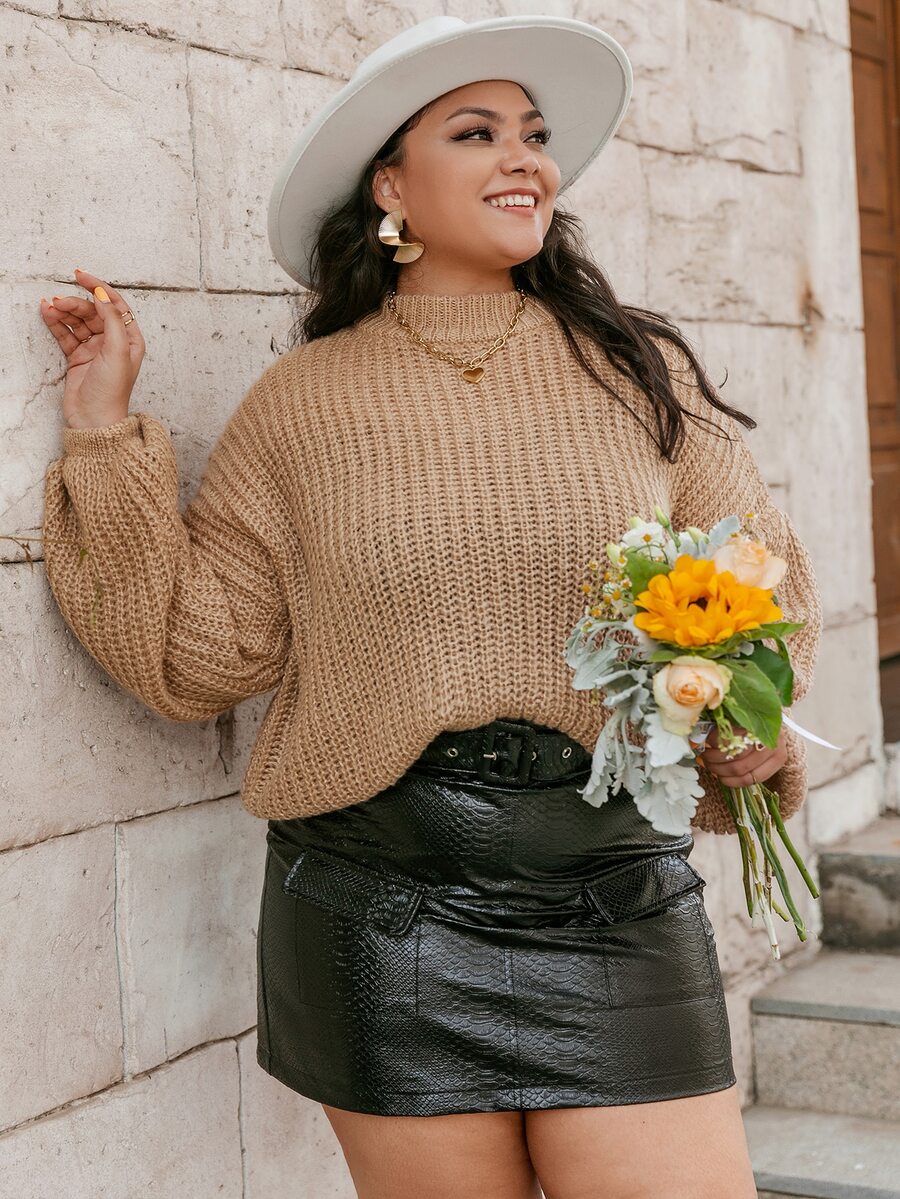 Simplee 大碼落肩袖條紋針織套頭毛衣 - 杏色 - 查看 1