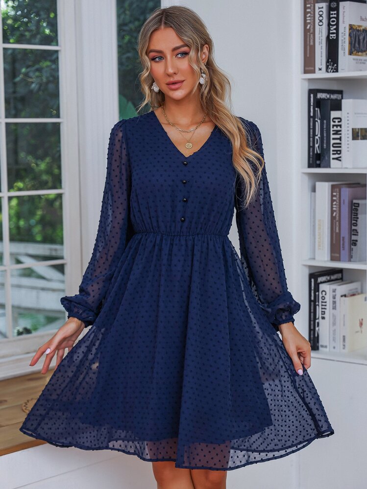SHEIN Clasi 圓點紐扣細節洋裝 - 藏蓝色 - 查看 1