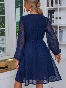 SHEIN Clasi Swiss Dot Button Detail Dress - Navy Blue - View 2