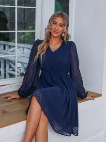 SHEIN Clasi Swiss Dot Button Detail Dress - Navy Blue - View 3