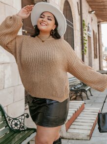 Simplee 大碼落肩袖條紋針織套頭毛衣 - 杏色 - 查看 5