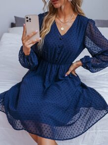 SHEIN Clasi Swiss Dot Button Detail Dress - Navy Blue - View 4