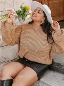 Simplee 大碼落肩袖條紋針織套頭毛衣 - 杏色 - 查看 6