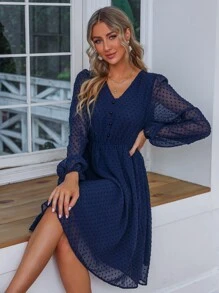 SHEIN Clasi Swiss Dot Button Detail Dress - Navy Blue - View 5