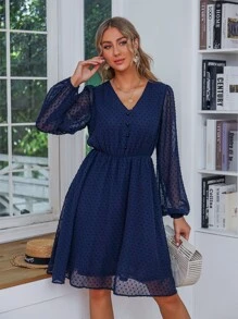 SHEIN Clasi Swiss Dot Button Detail Dress - Navy Blue - View 6