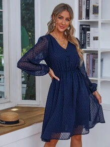 SHEIN Clasi Swiss Dot Button Detail Dress - Navy Blue - View 8