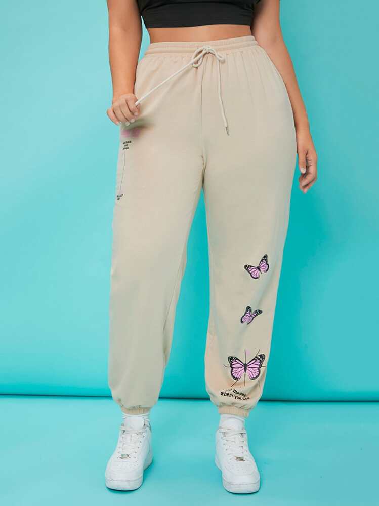 SHEIN Plus Slogan & Butterfly Print Drawstring Sweatpants - Beige - View 1