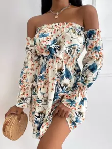 SHEIN SXY Floral Print Off Shoulder Gathered Sleeve Dress - Multicolor - View 1