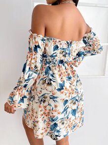 SHEIN SXY Floral Print Off Shoulder Gathered Sleeve Dress - Multicolor - View 2