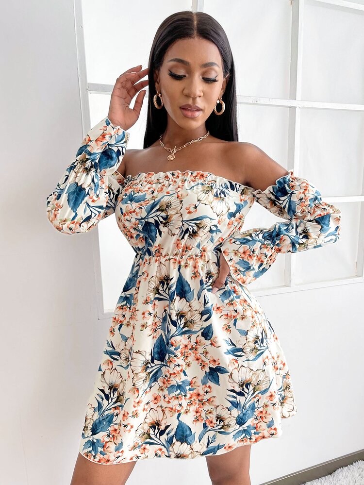SHEIN SXY 印花一字肩收褶袖連衣裙 - 彩色 - 查看 3