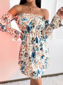 SHEIN SXY Floral Print Off Shoulder Gathered Sleeve Dress - Multicolor - View 4