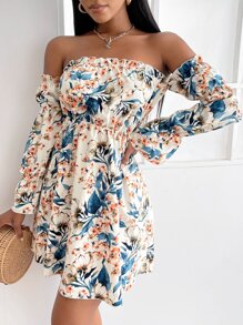 SHEIN SXY Floral Print Off Shoulder Gathered Sleeve Dress - Multicolor - View 6