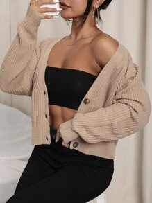 SHEIN Essnce Cárdigan de manga raglán con botón delantero - Camel - Ver 4