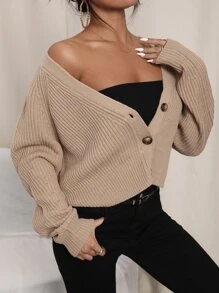 SHEIN Essnce Cárdigan de manga raglán con botón delantero - Camel - Ver 5