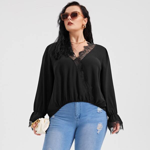 

Plus Solid Lace Panel Blouse, Black