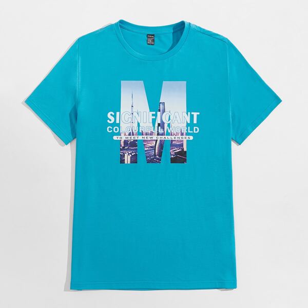 

Men Skyscraper & Slogan Graphic Tee, Mint blue