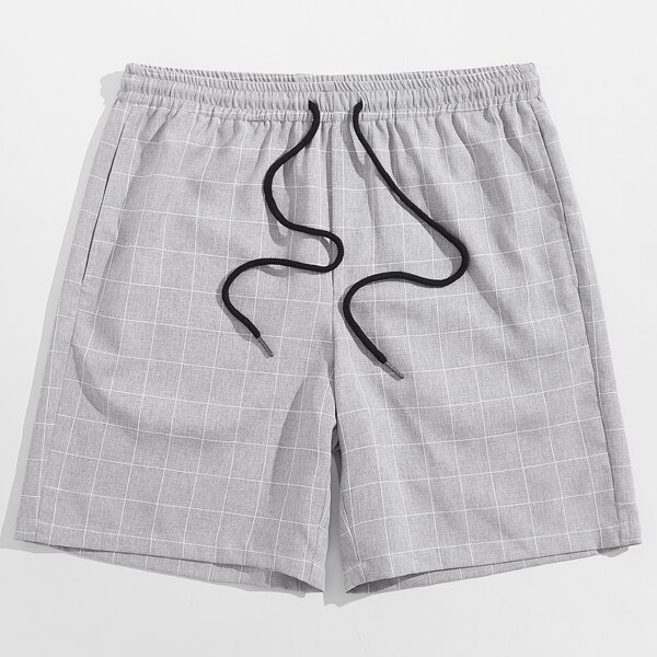 

Men Grid Print Drawstring Waist Shorts, Light grey