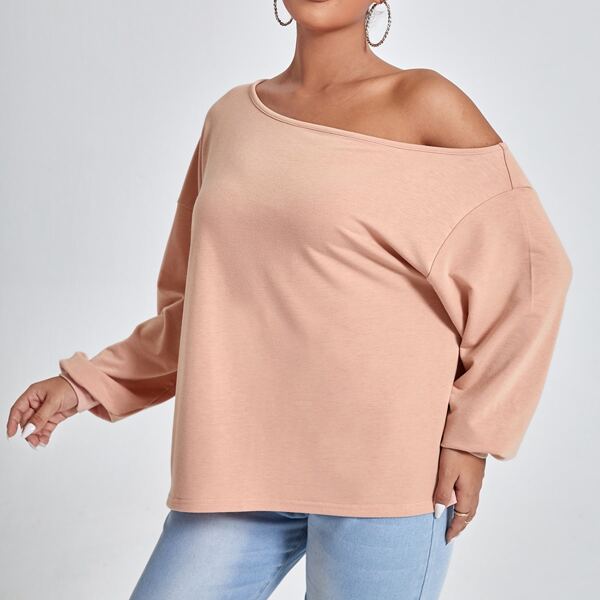

Plus Asymmetrical Neck Drop Shoulder Sweatshirt, Baby pink