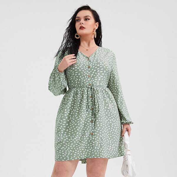 

Plus Dalmatian Print Button Front Belted Dress, Mint green