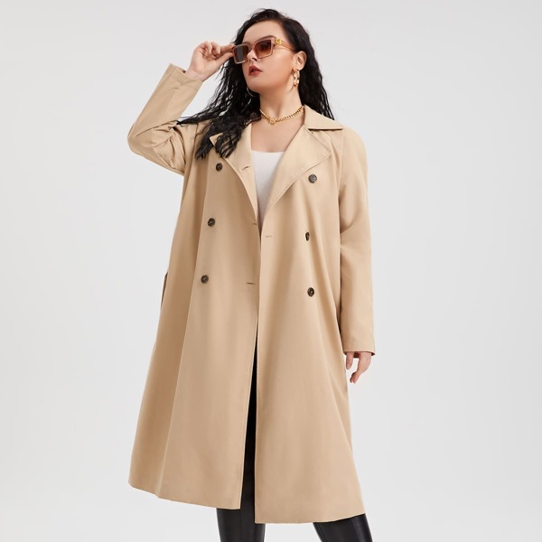 

Plus Double Breasted Raglan Sleeve Belted Trench Coat, Apricot