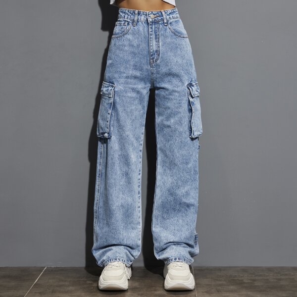 

High Waist Wide Leg Cargo Jeans, Light wash
