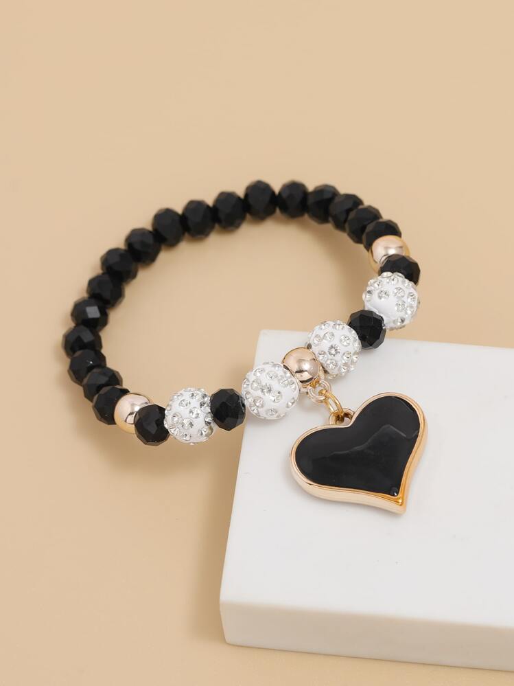 Heart Pendant Beaded Bracelet - Black - View 12