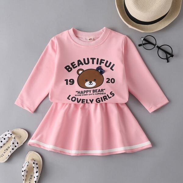 

Toddler Girls Cartoon Bear And Letter Graphic Sweatshirt & Skirt, Pink