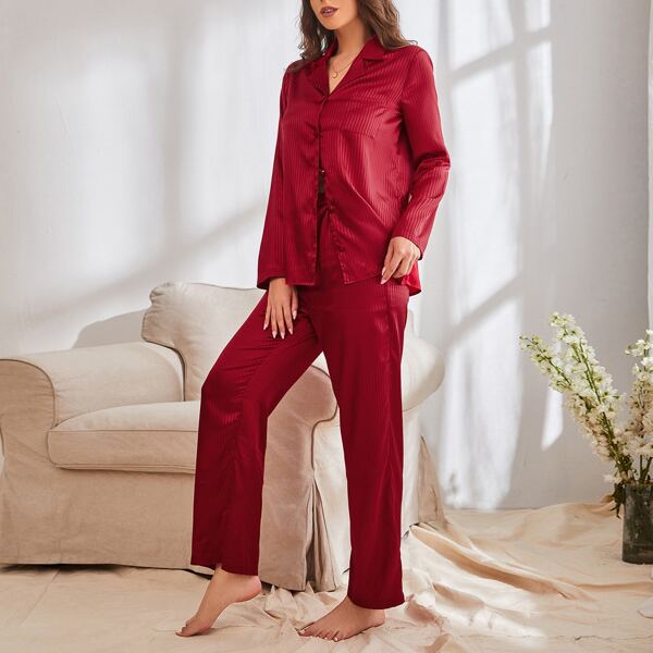 

Striped Patched Pocket Top & Pants Night Set, Burgundy