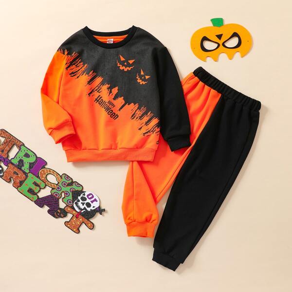 

Toddler Boys Slogan And Halloween Print Color Block Pullover & Sweatpants, Multicolor