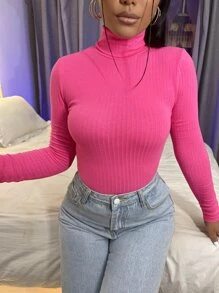 SHEIN Essnce Camiseta de cuello cisne tejida de canalé - Rosa - Ver 1