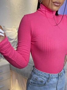 SHEIN Essnce Camiseta de cuello cisne tejida de canalé - Rosa - Ver 3