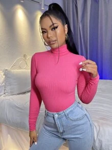 SHEIN Essnce Camiseta de cuello cisne tejida de canalé - Rosa - Ver 4