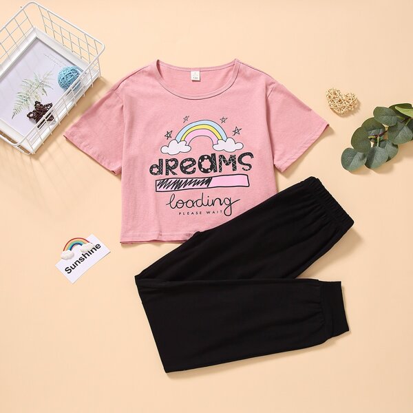 

для девочек Пижама с текстовым и мультипликационным принтом, Многоцветный