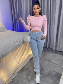 SHEIN SXY Gigot Sleeve Cut Out Waist Crop Tee