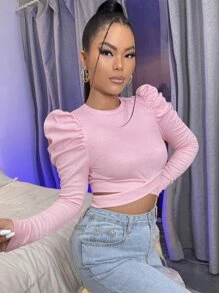 SHEIN SXY Gigot Sleeve Cut Out Waist Crop Tee