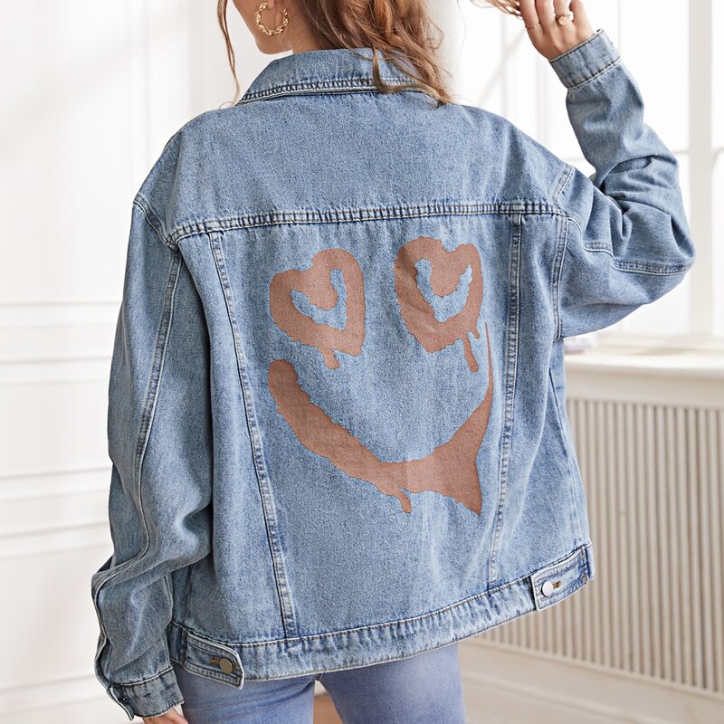 

Cartoon Graphic Flap Pocket Denim Jacket, Medium wash