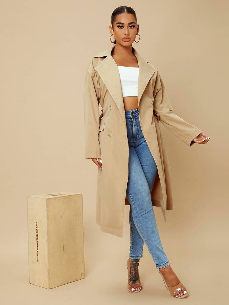 SHEIN SXY Lapel Neck Double Breasted Belted Trench Coat | SHEIN USA