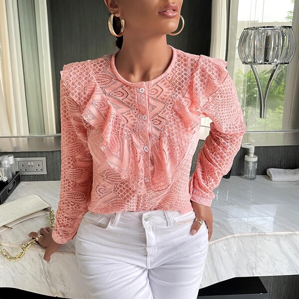 

Solid Button Up Ruffle Trim Lace Blouse, Pink