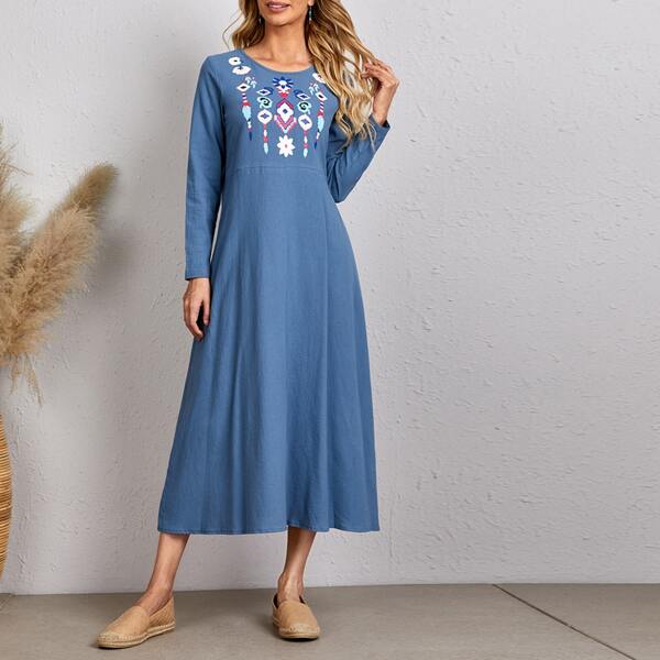 

Floral & Geo Print Smock Dress, Blue