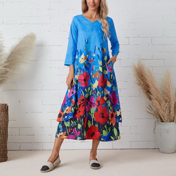 

Button Front Floral Print Dress, Multicolor