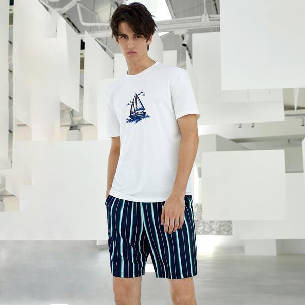 

Men Boat Print Tee & Striped Shorts Lounge Set, Multicolor