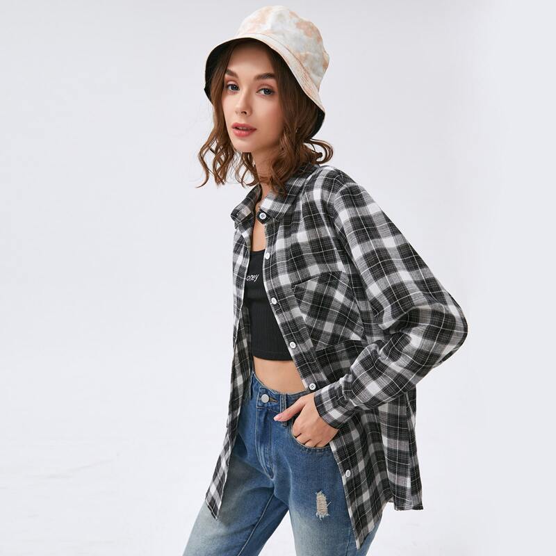 

Plaid Button Front Blouse, Black and white