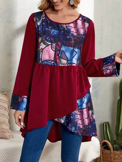EMERY ROSE Graphic Print Asymmetrical Hem Peplum Blouse