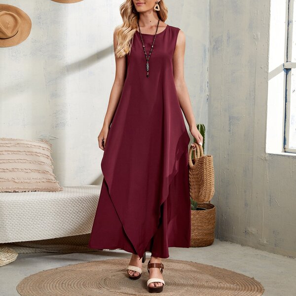 

Solid Hanky Overlay Tunic Dress, Burgundy