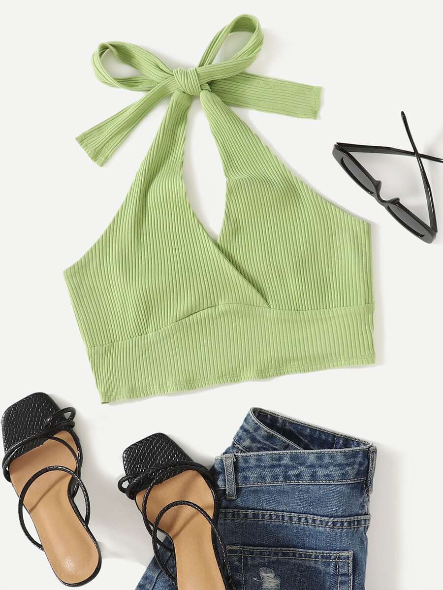 SHEIN EZwear Rib-knit Halter Top - Lime Green - View 1